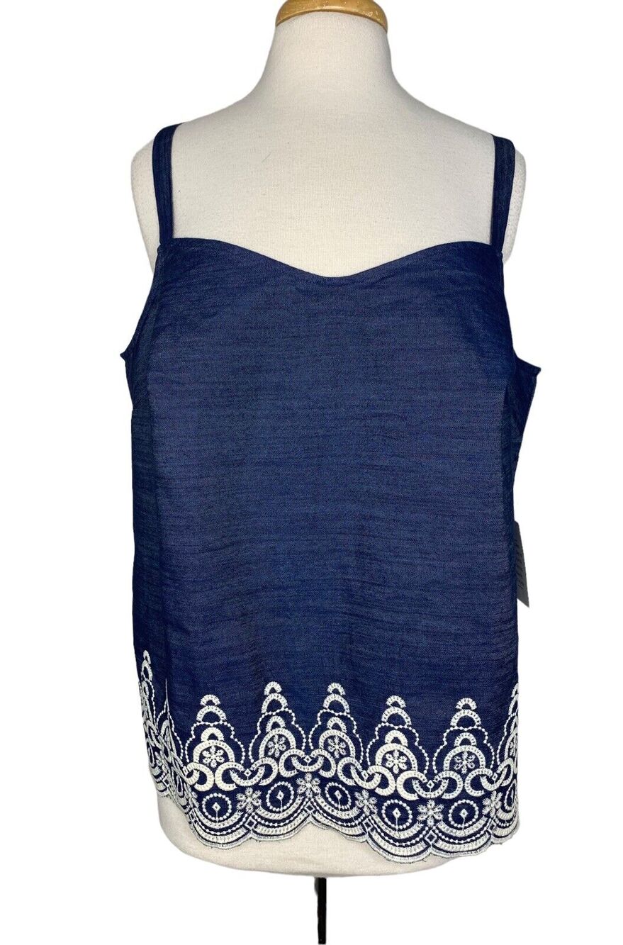 ELOQUII *NEW* Embroidered Chambray Tank Size 16 Blue with White Detail at Hem
